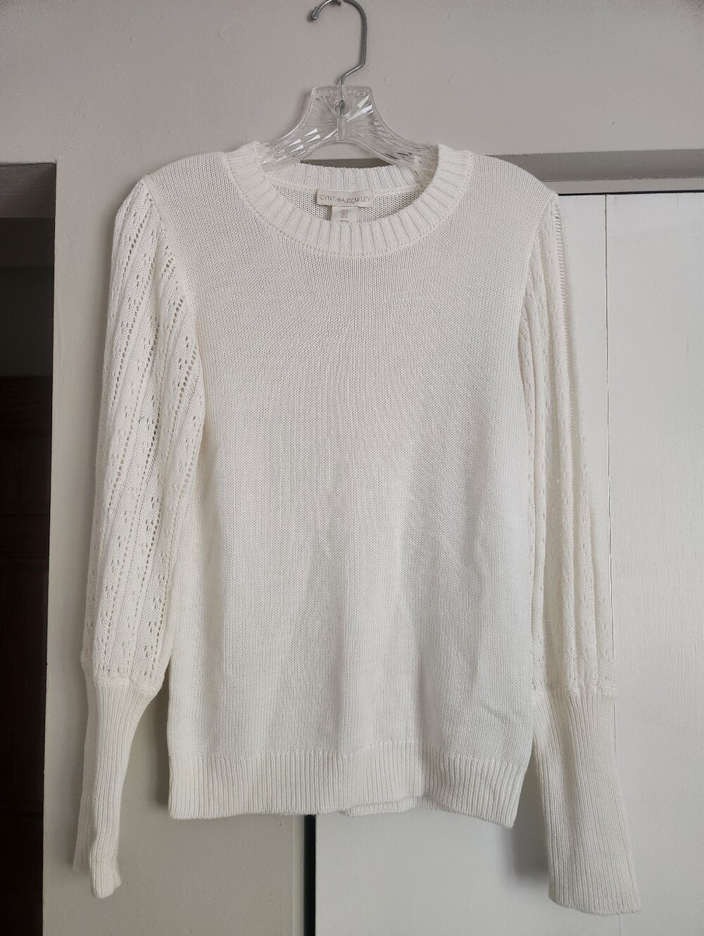 Cynthia Rowley Cream Crewneck Sweater with Lace-Style Sleeves S